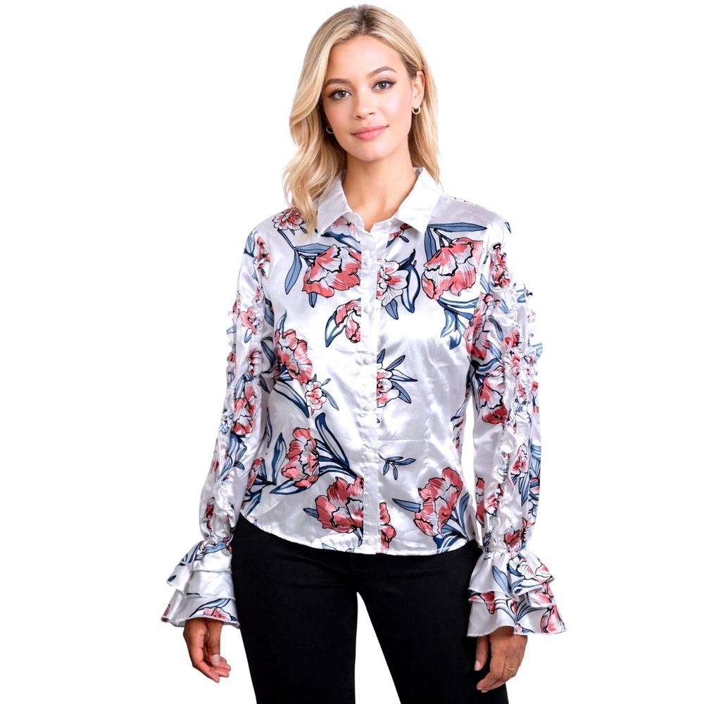 Floral Satin Blouse Womens M White Ruffle‎ Sleeve Bell Cuff Button Up